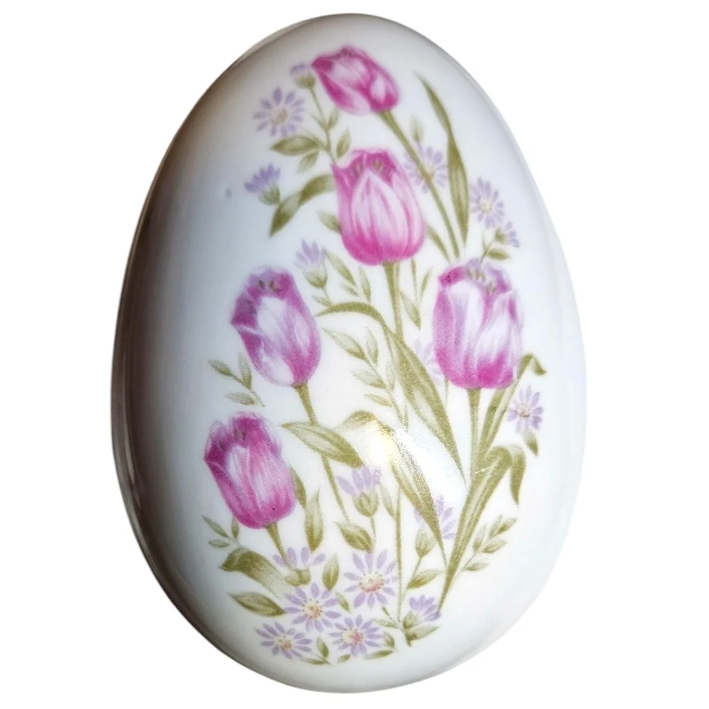 VTG Lefton Hand Painted Ceramic Porcelain Egg Trinket Jewlery Dish Purple Roses